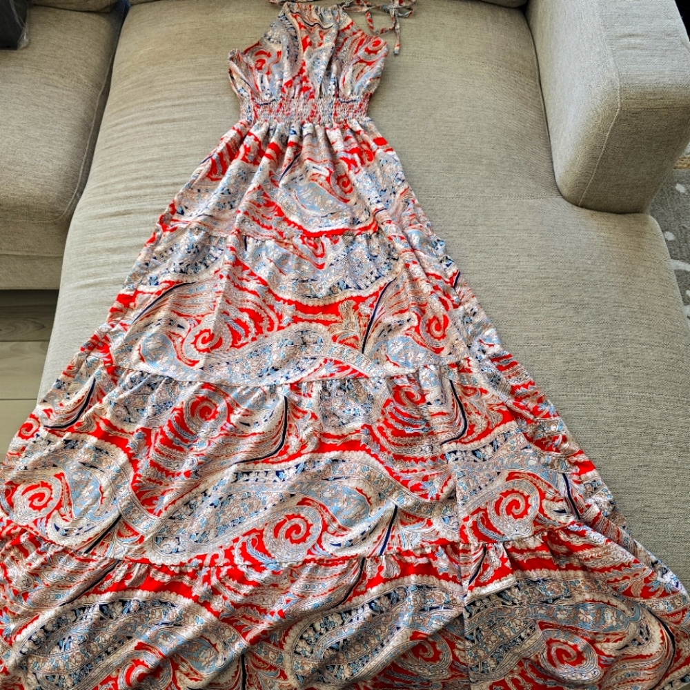 Satin Red and Blue Paisley Halter Maxi Women's Dress Sz Small